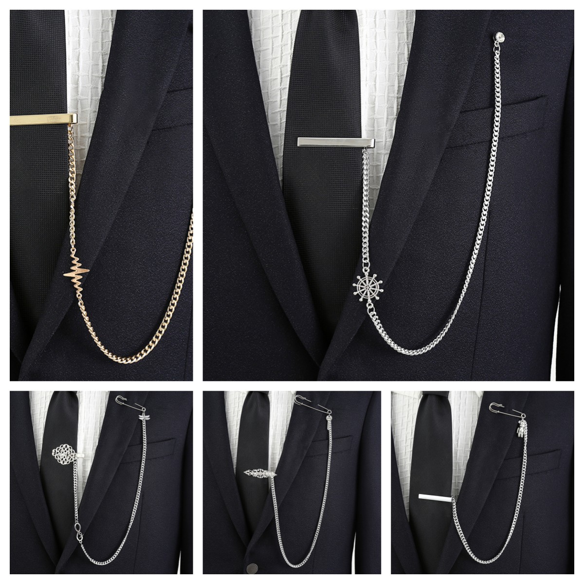 Brass Material Stylish Gold & Silver Tie Clip with Chain Men's Formal Accessory Hot Selling TW-1006