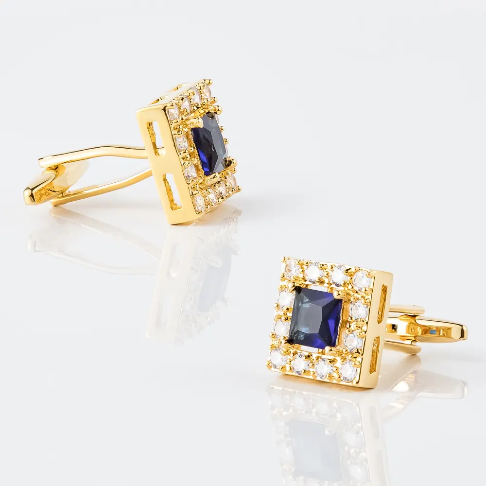 New High Quality Luxury Gold Plated Sapphire and Diamond Square Cufflinks For Men Suits CS8372-G2
