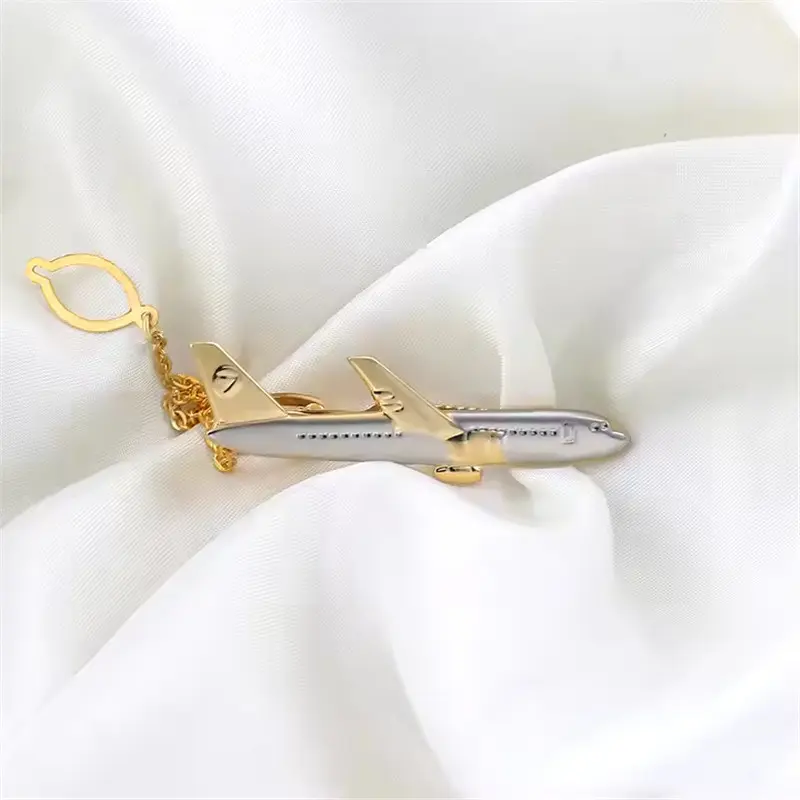 Brass Material Novelty Golden Color Airplane Tie Clip with Chain for Men05.jpg