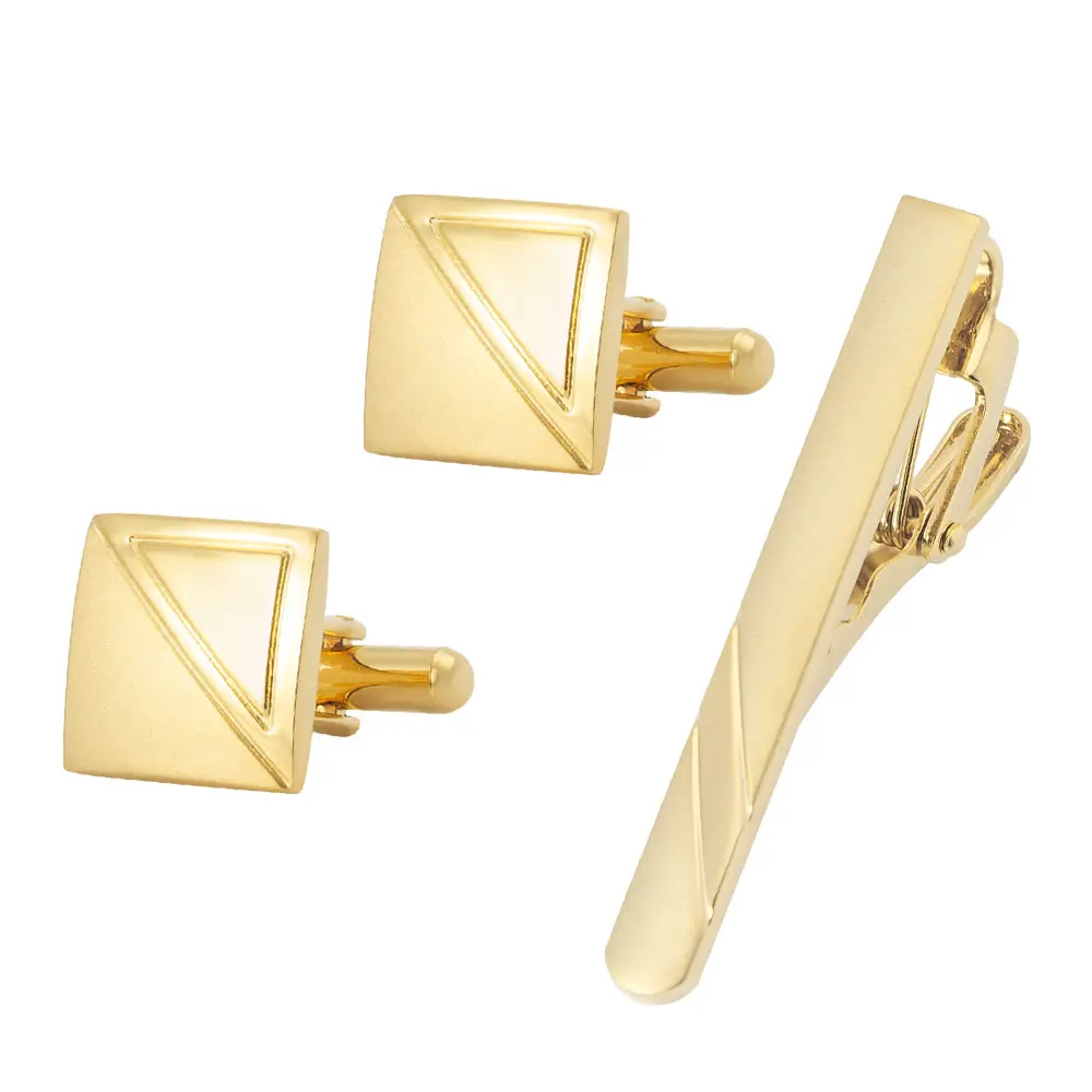 Classic Men Brass Gold Plated Simple Square Tie Clip and Cufflinks Set for Shirt SL0042-G