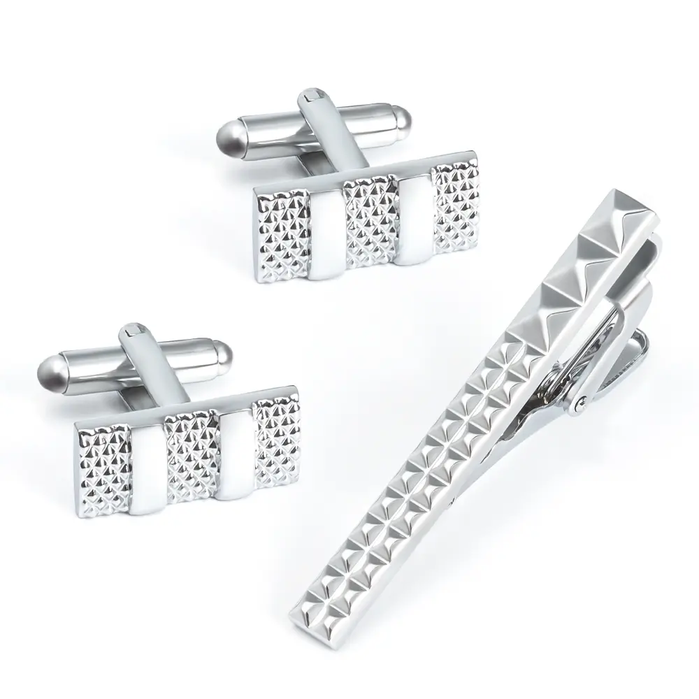 Wholesale Elegant High Quality French Copper Silver Plated Cuff Links & Tie Clip Set SL0062-S