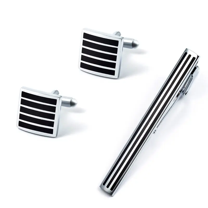 High-Grade Silver Black Stripe Cufflinks & Tie Clip Set Low Price Wholesale SC0039