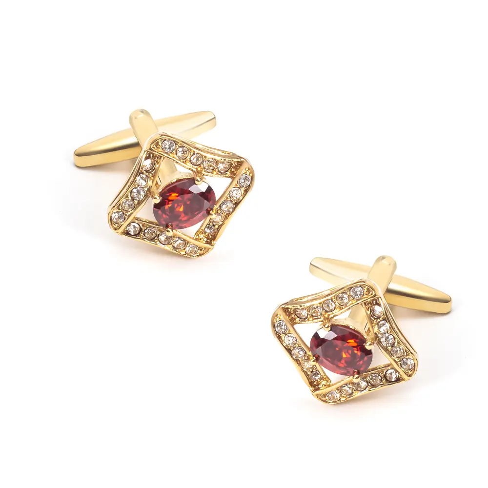 Luxury High Quality 18K Gold Plated Red Stone Zircon Brass Cuff links For Men CS0058-G