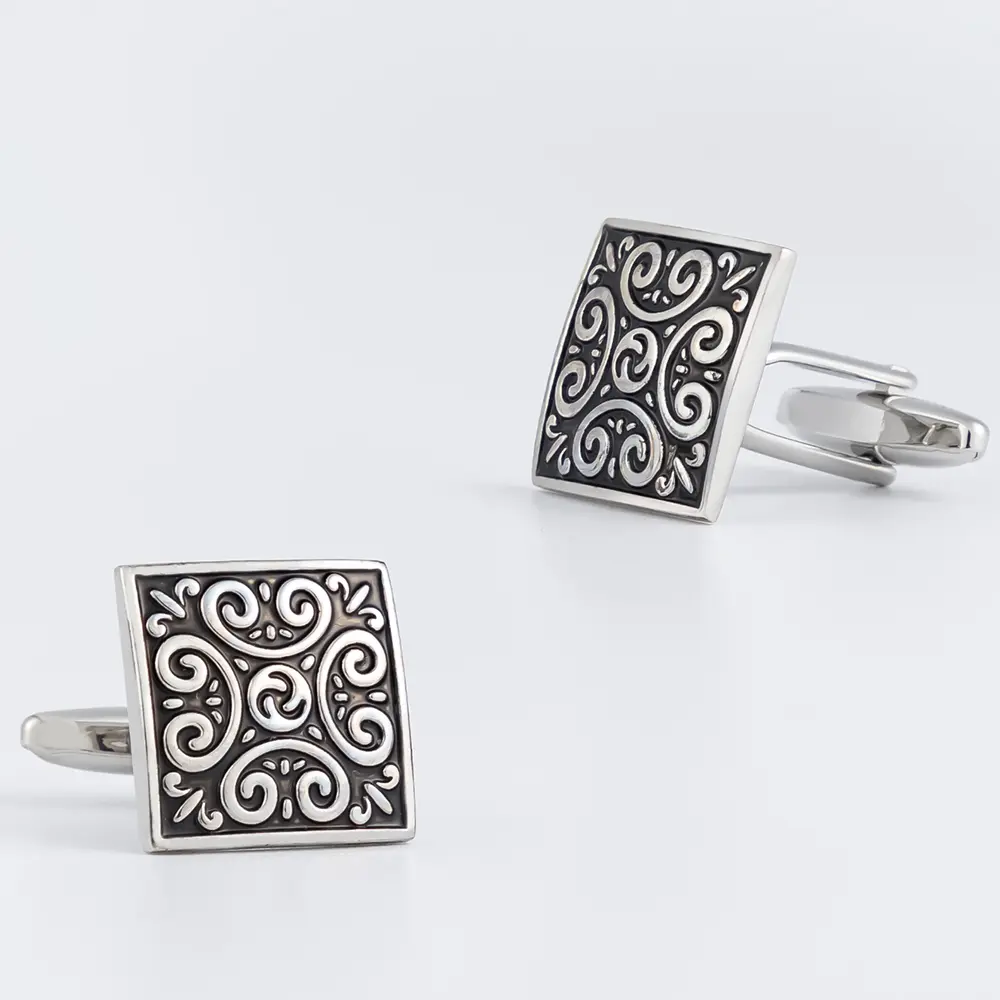 Factory Men's Square Vintage Patterned Baked Lacquer Black Color French Cufflinks Hot Selling Amazon CC0237-S