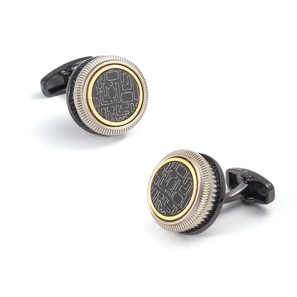 Men's Premium Round Black Gold Color Cufflinks with Vintage Pattern Design