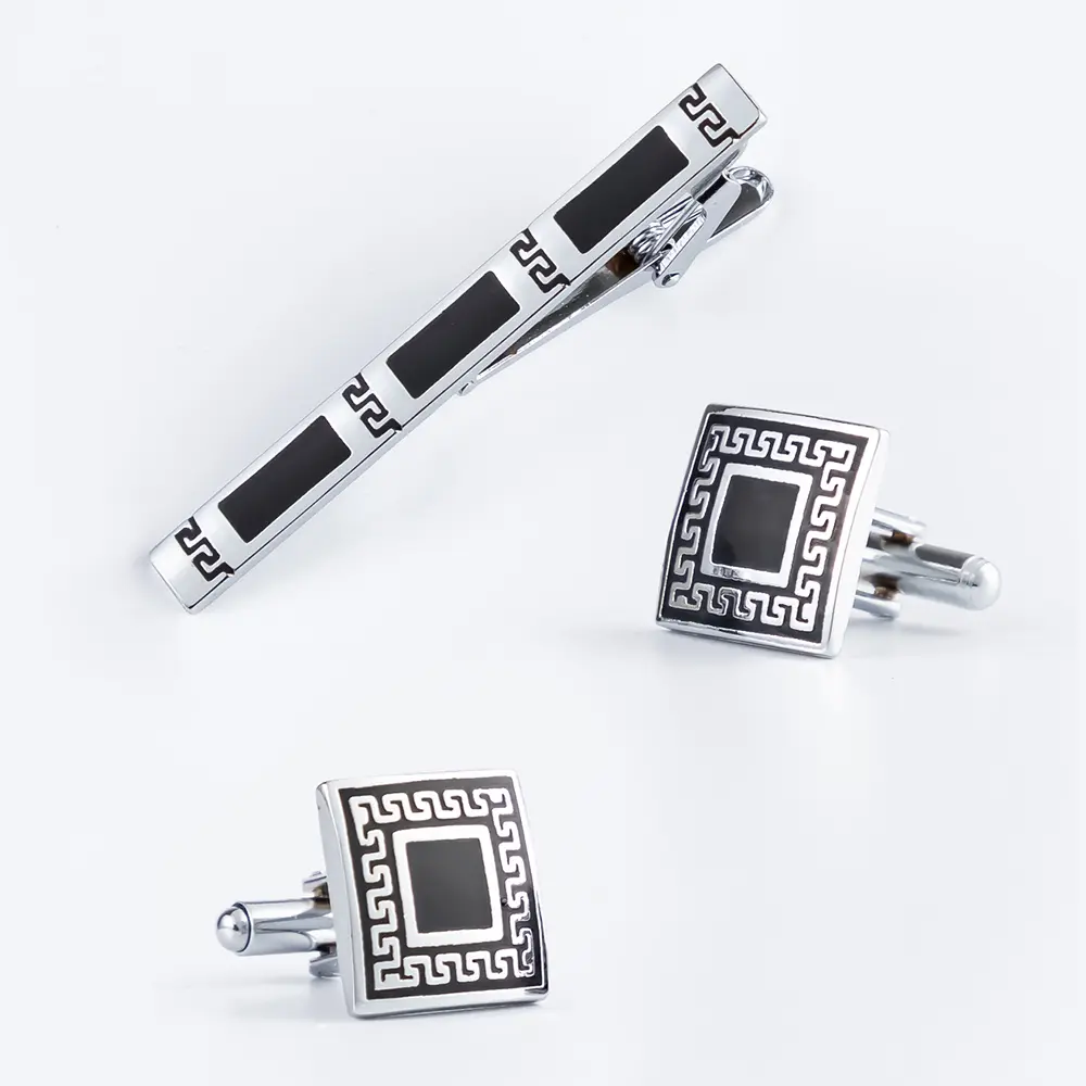 Amazon Hot Selling Retro Black Enamel Silver Plated Copper Square Cufflinks & Tie Clip Set SC5047