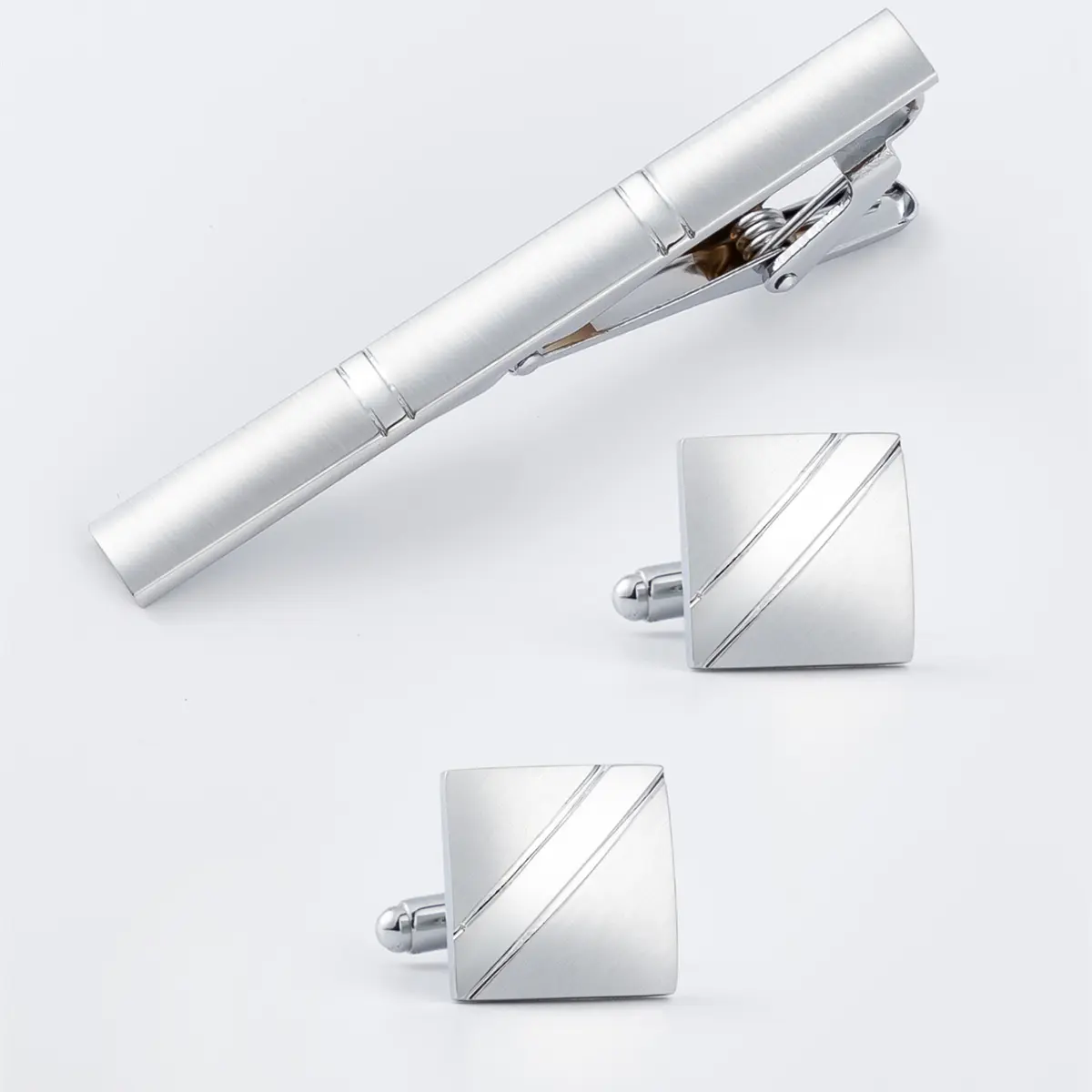Wholesale Fashion Men Brass Sliver Plated Blank Smooth Matte Tie Clip & Cufflinks Set for Shirt SL0012