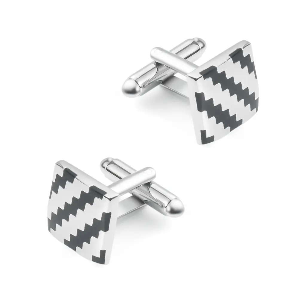 Factory Low Price Black & Silver Striped Square Enamel Cufflinks for Men Accessories CC-Q052