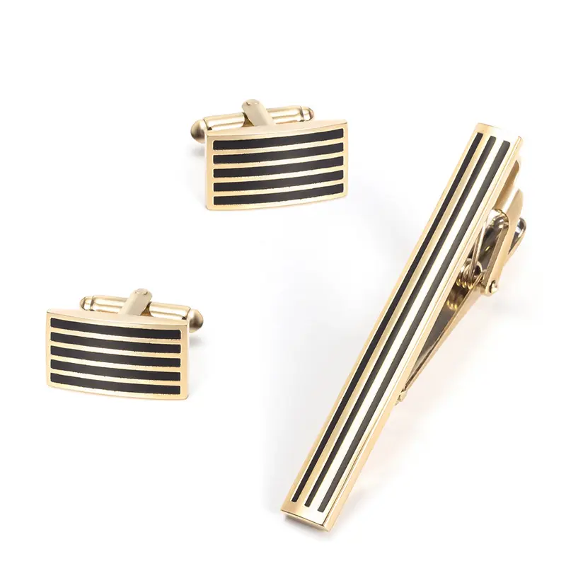 Chinese Supplier Rectangle Gold Plated Black Stripe Cuff Links and Tie Clip Set for Men SC0032-G
