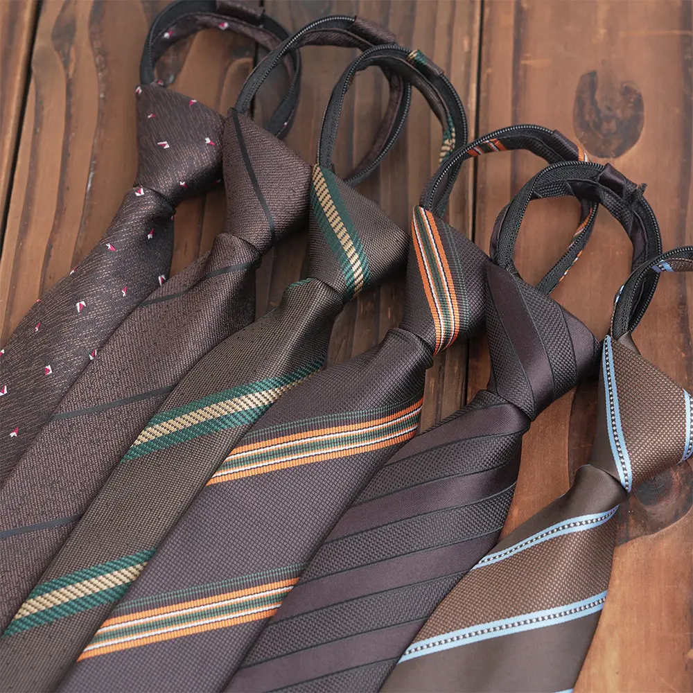 Low Price Wholesale Polyester 8cm Men's Brown Color Series Necktie Formal Jacquard Print Zipper Ties PT1022-FD18