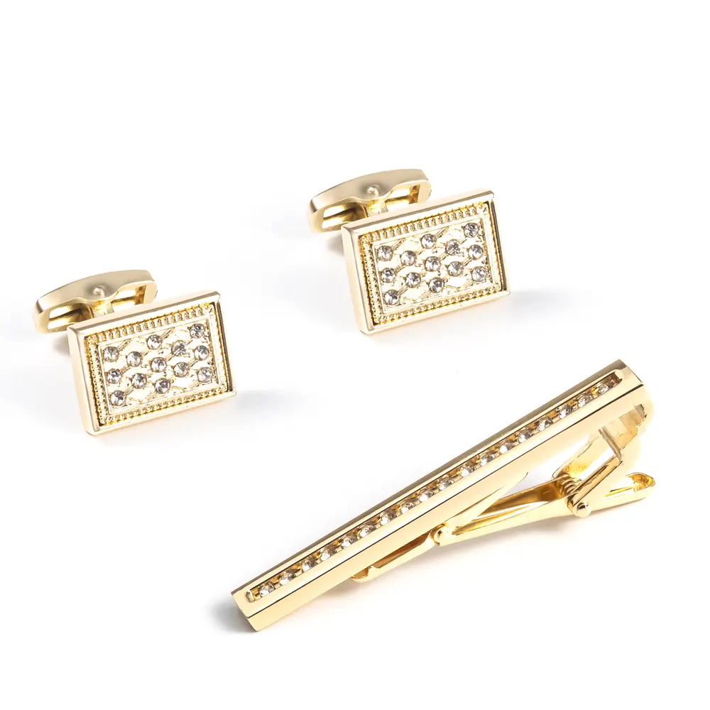 Men's Gold Diamond Cufflinks & Tie Clip Set for...