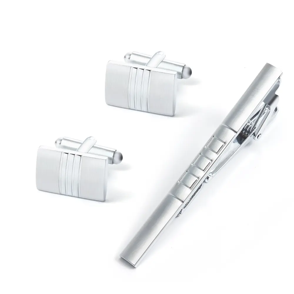 Wholesale Simple Elegant Silver Plated Metal Tie Clip & Cufflinks Set for Wedding Business SL0019-S