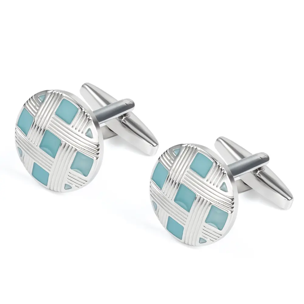 Factory Round Silver & Blue Enamel Lattice Cufflinks Supply OEM Custom Design CC0261