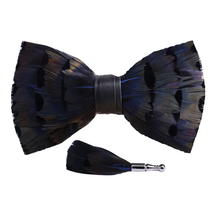 Hot Selling Custom Men's Polyester Feather Bowtie Brooch Set Elegant Handmade Bowties for Party Wedding C-XY038