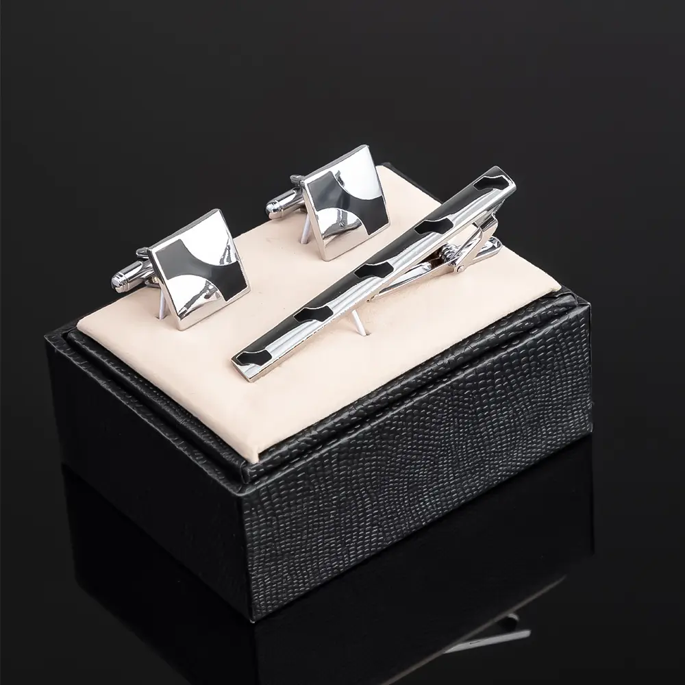 Factory Black Diagonal Arrow Enamel Copper Cufflinks & Collar Bar Gift Set for Men's Suits SC5066