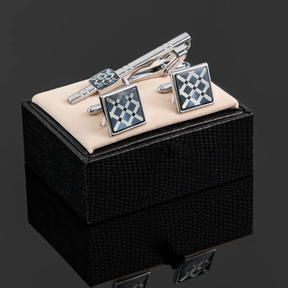 Novel Design Factory Wholesale Blue Pattern Square Men's Cufflinks And Tie Clip Set SA1001