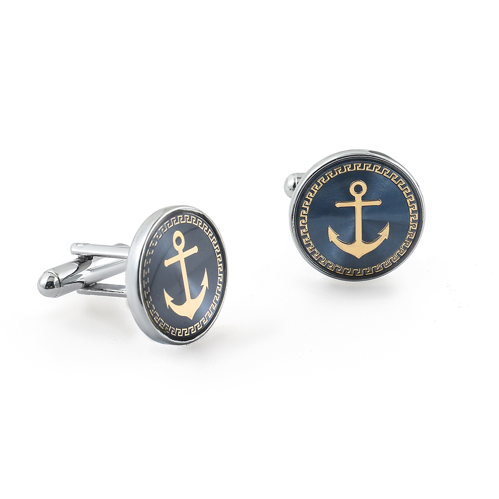 French Silver Blue Round Enamel Boat Anchor Mens Cufflinks Wholesale