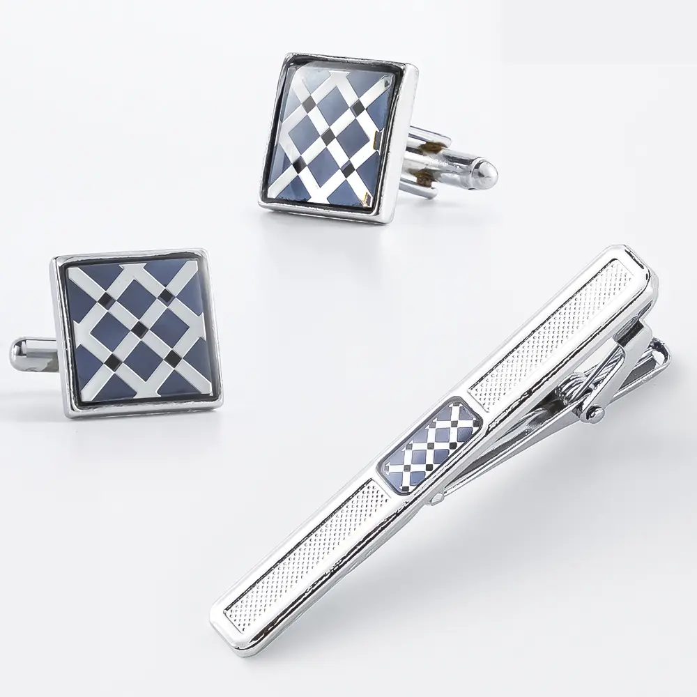 Manufacturer New Arrival Navy Blue Diamond Plaid Design Silver Cufflinks & Tie Clip Set For Men SA5029
