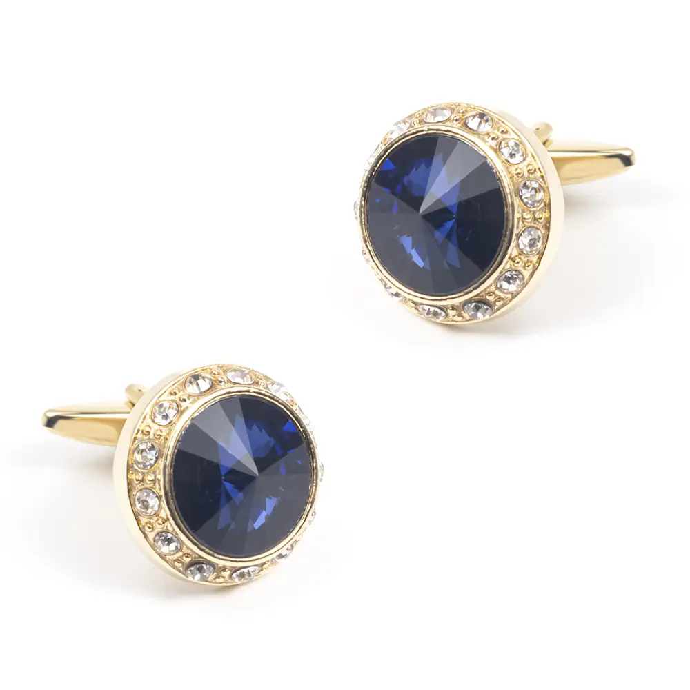 Fashion Round Shaped Blue Golden Custom Stone Gold Plated Cufflinks For Men Shirt CS0077-GL