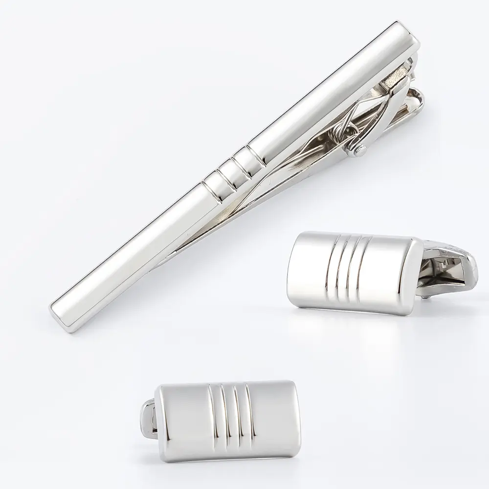 New Silver Striped Men's Business Cufflinks & Tie Clip Set Popular Selling SLW50201-Y
