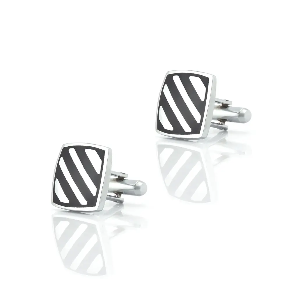 Cufflinks Factory Low Price Black & Silver Striped Twill Drop Oil Square Cufflinks CC-Q079