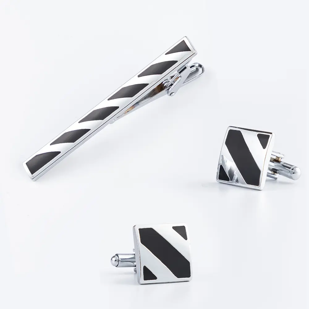 Top Selling Silver Plated Black Enamel Tie Clip & Cufflinks Set For Men Suit SC5082