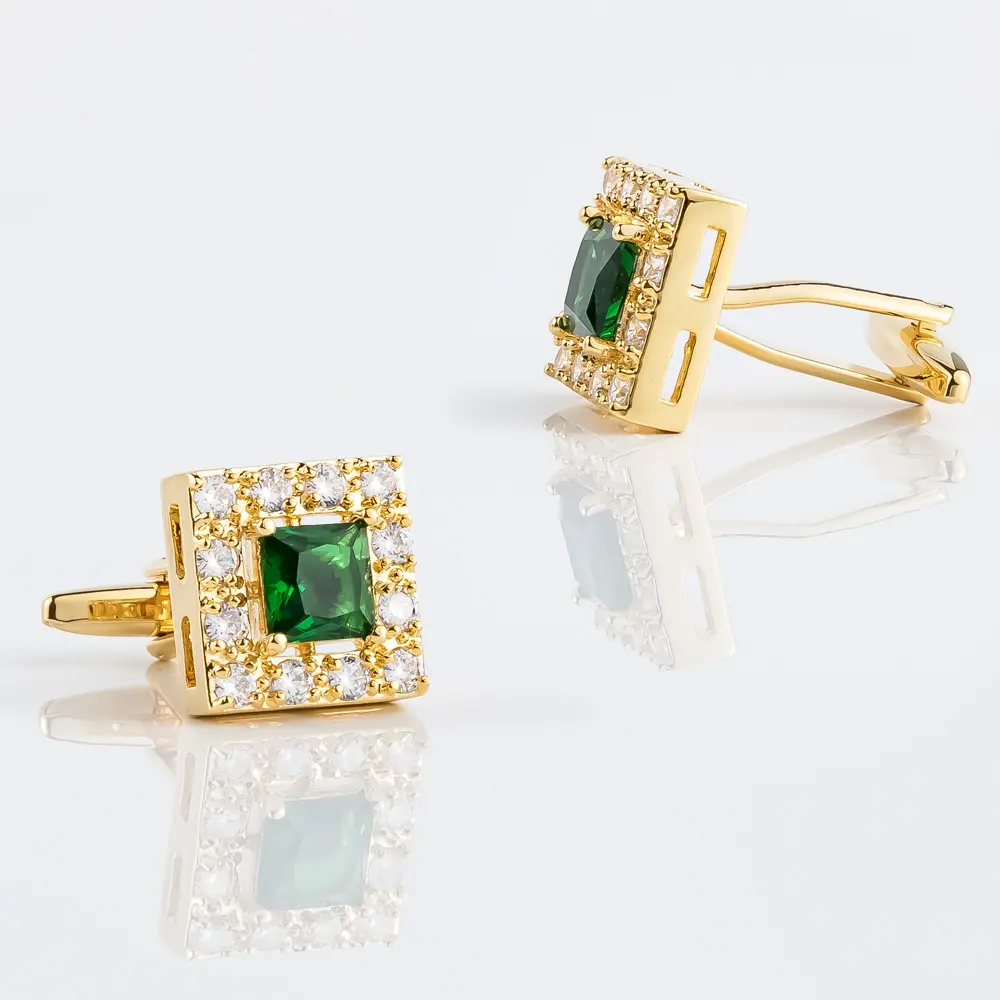 New High Quality Luxury Gold Plated Square Emerald & Diamond Cufflinks For Men Suits CS8372-G3