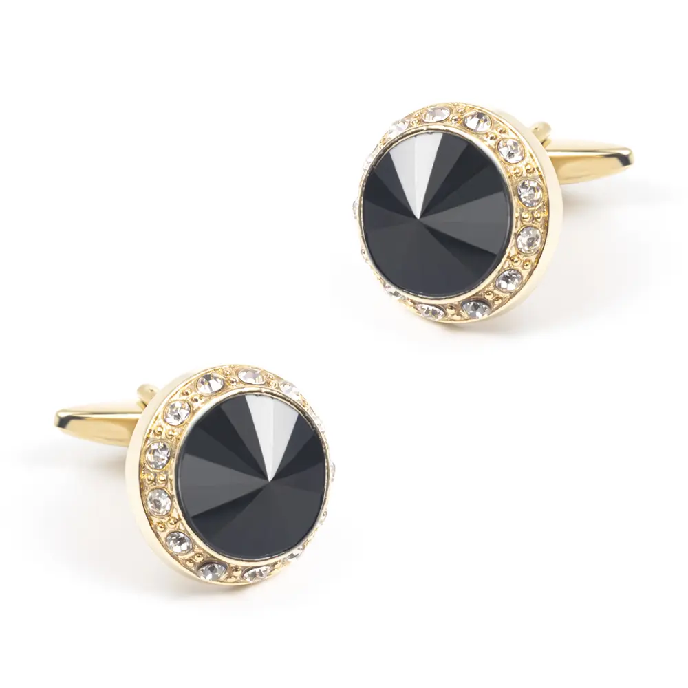Fashion Round Shaped Black Golden Custom Stone Gold Plated Cufflinks For Men Shirt CS0077-GB