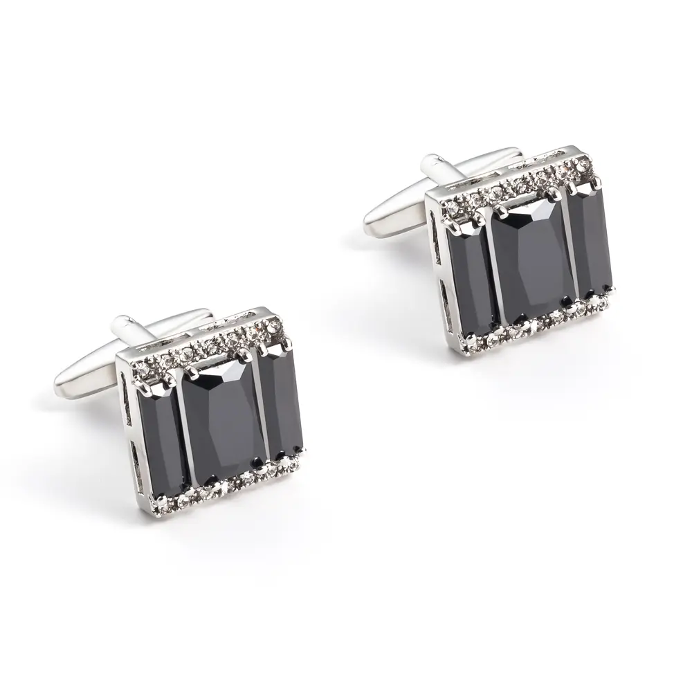 Elegant Black Stone Silver Plated Cufflinks Luxury Square Business Men's Cuff Links CS0089-S