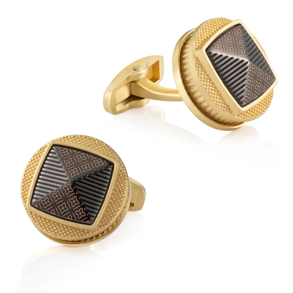 Round Shape 3D Pattern Design Black Golden Color Alloy Cufflinks Hiqh Quality