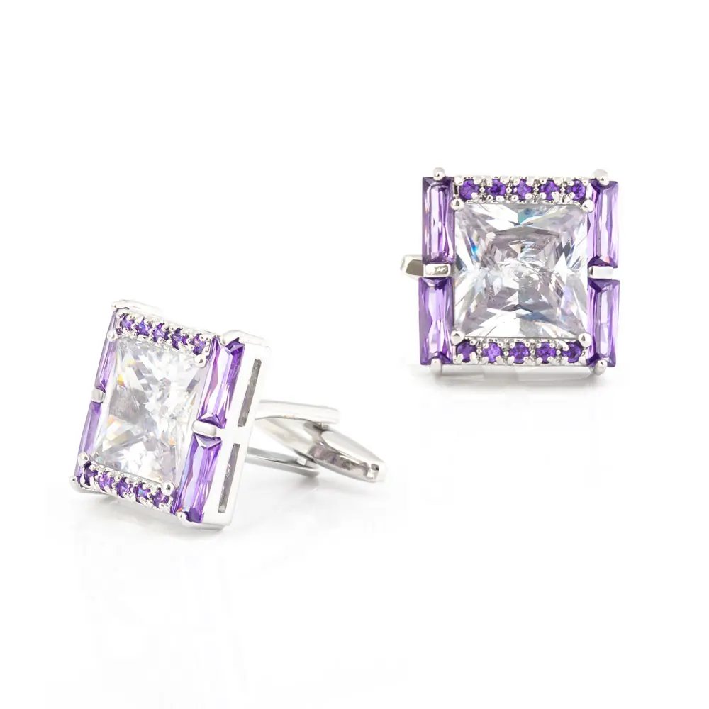 Factory Sales Diamond Cufflinks Purple Square Zirconium Designer Mens Cuff links For Wedding CS0036