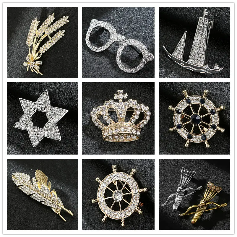 Trendy Men's Suit Crown Brooch with Diamond Mul...