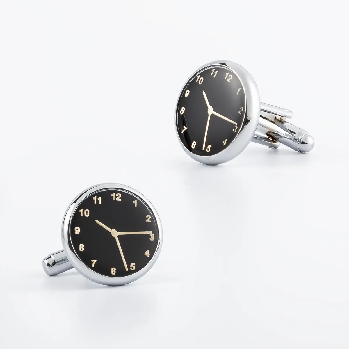 Silver Plated Round Black Watch Clock Design Cuff links Wholesale