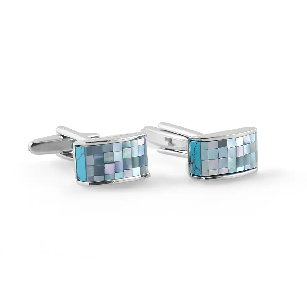High Quality Elegant Rectangle Blue Mother of Pearl Mosaic Cufflinks