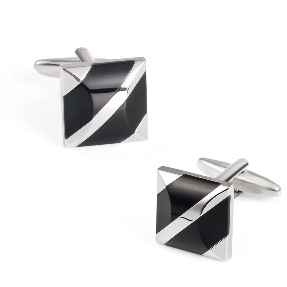 Elegant Silver Black Diagonal Cufflinks Stone Inlaid Shirt Men Cuff Links