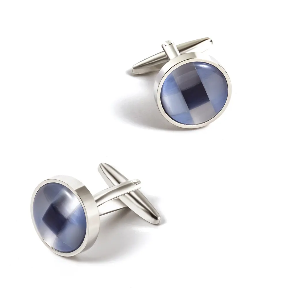 Silver & Blue Round Opal Tuxedo Cufflinks New French Style Copper Cuff Links