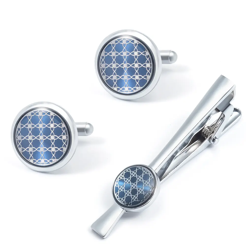 Wholesale Elegant Blue Plaid Silver Plated Cufflinks Tie Clips Set Men Business Aceessories Gift SA1009