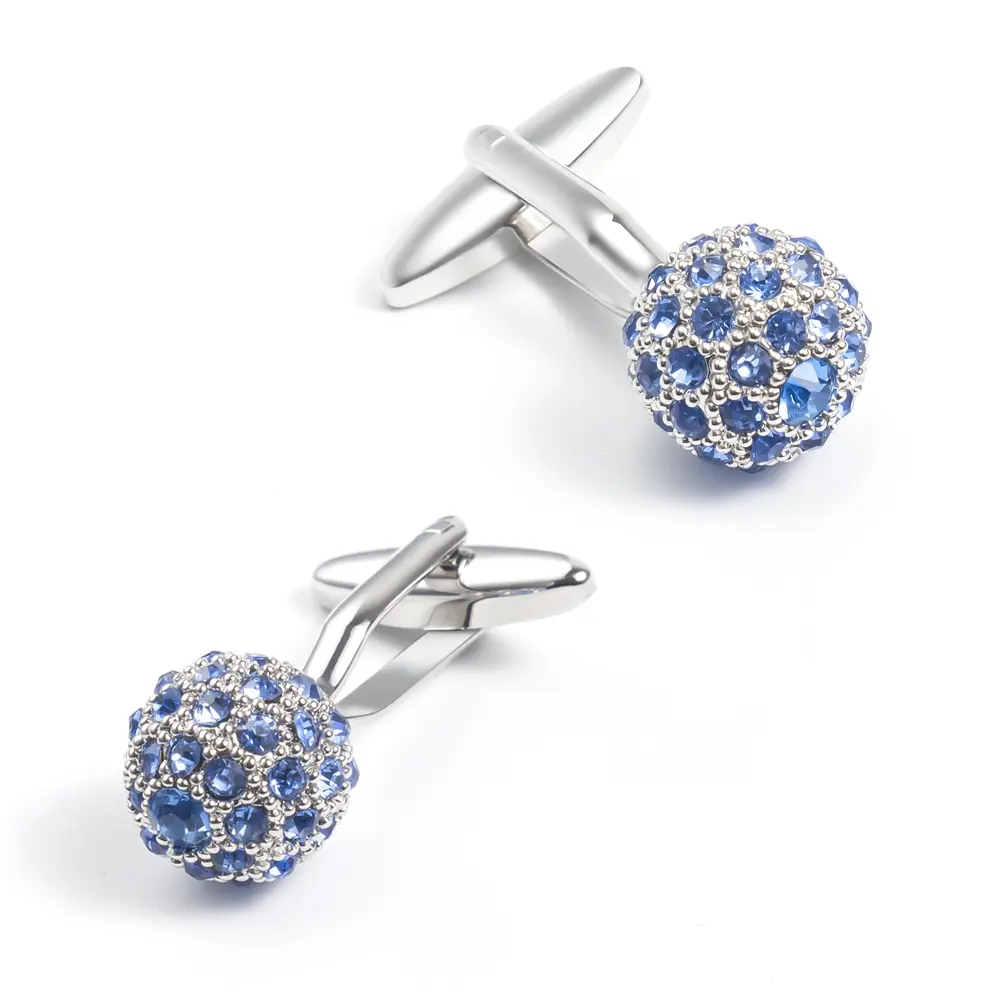 Luxury Crystal  Ball Cufflinks Wholesale Silver Plated Brass Cufflinks With Blue Rhinestone CS0013-S