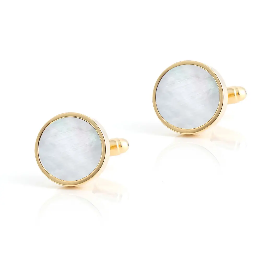 18k Gold Plated White Mother of Pearl Cufflinks  for Men Shirt Round Shape