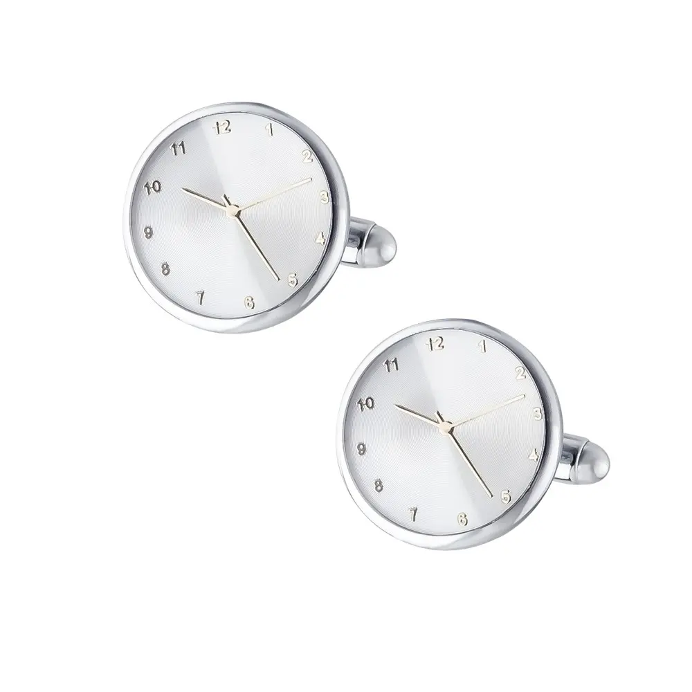 Silver Plated Round White Watch Clock Design Cuff links for Men Suit