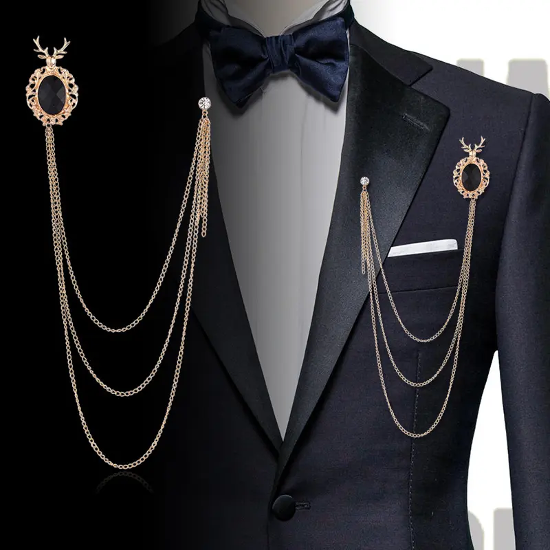 High Quality Men's Deer Head Brooch Suit Accessories Tassel Chain Coat Pin BC-1046