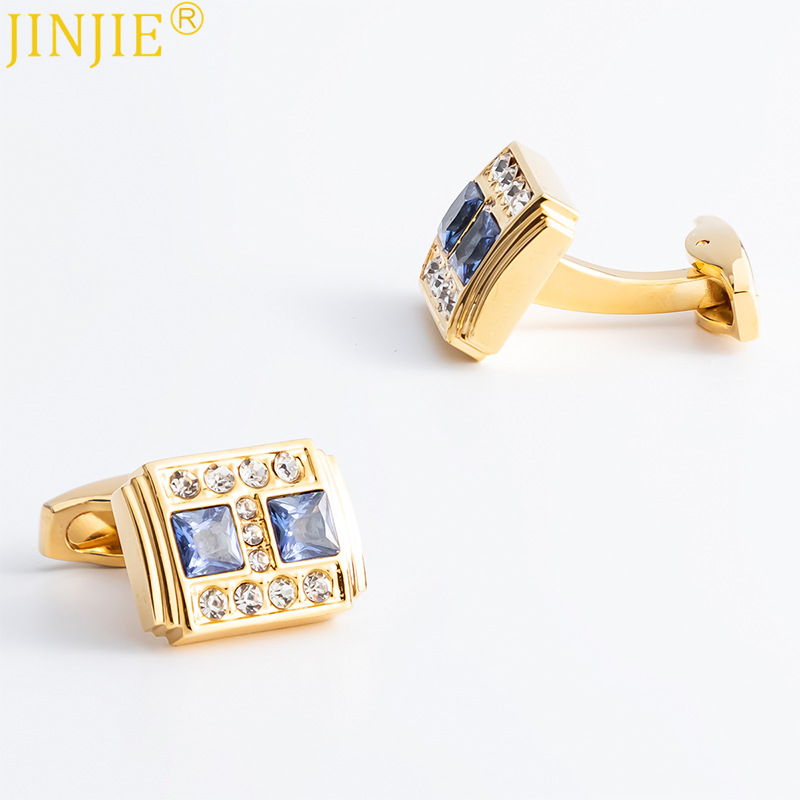 JINJIE Ready To Ship Gold Plated Dark Blue Zirconia French Cufflinks For Men Suit Accessories CS0100