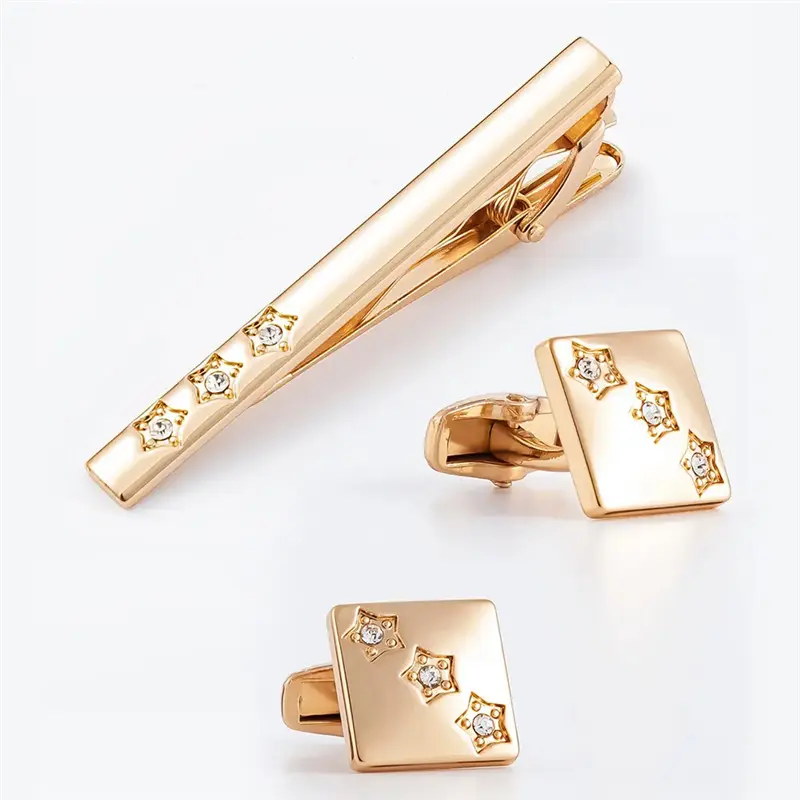 Star Curved Rose Gold Plated Tie bar and Cufflink set with Crystal Men Business Gifts04.jpg