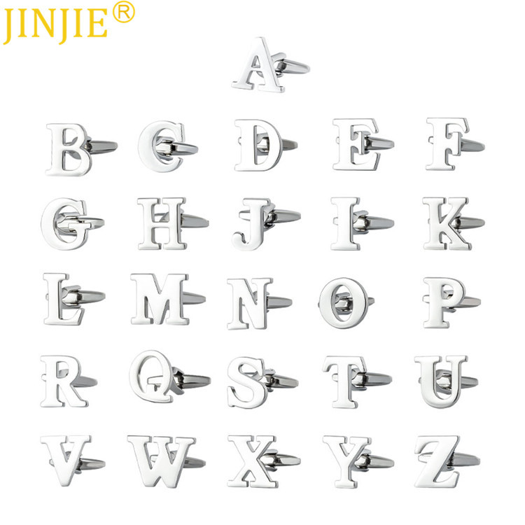 JINJIE High Polished Brass Material Silver Plated Custom Initials Letter Alphabet Cufflinks For Men CL0001-S