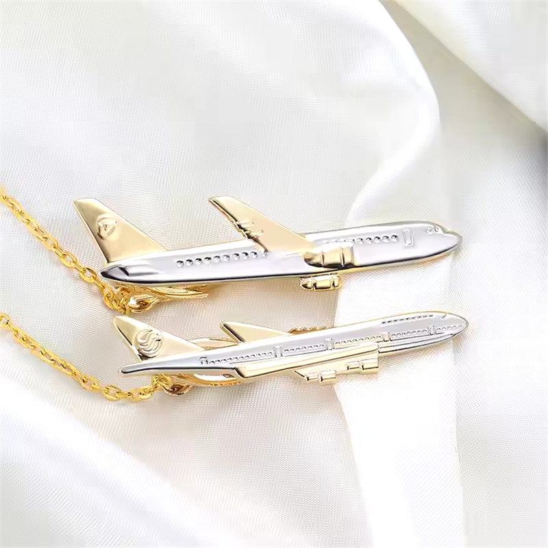 Brass Material Novelty Golden Color Airplane Tie Clip with Chain for Men04.jpg