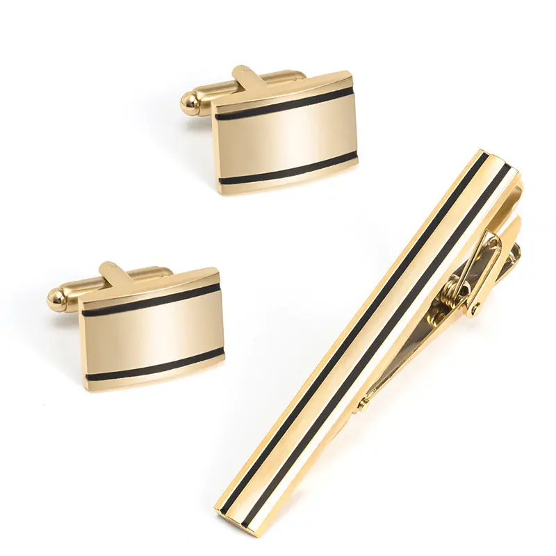 Gold Black Stripe Smooth Enamel Brushed Fashion Cufflinks & Tie Clip Set Wholesale SC0030-G