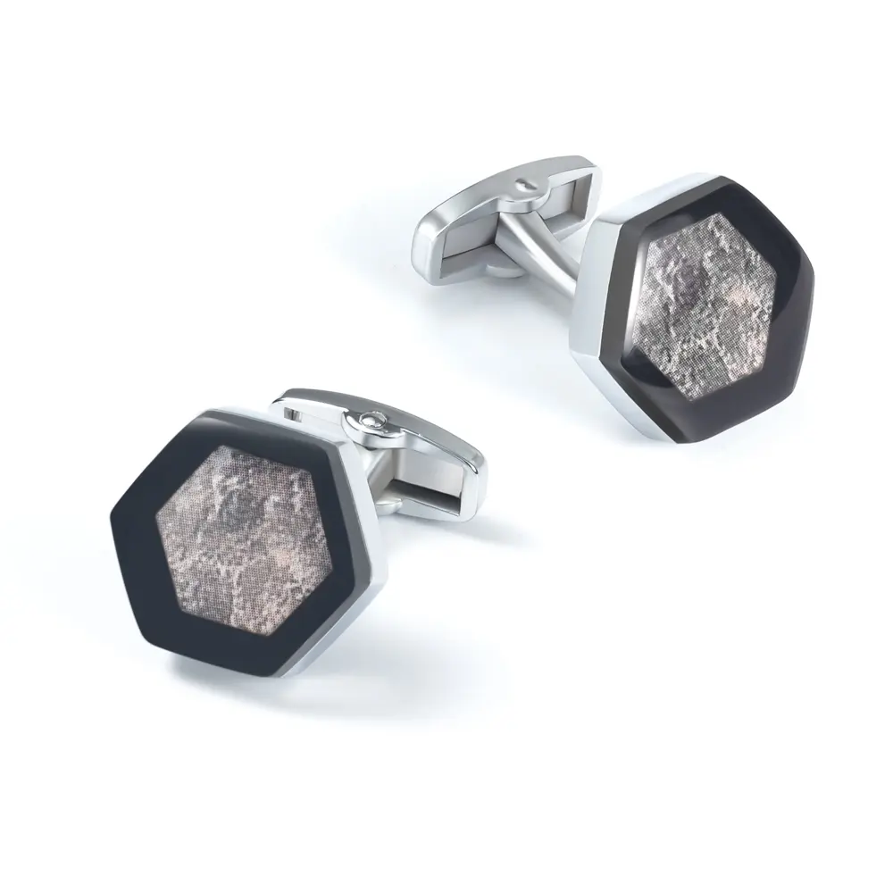Balck Hexagon Shape with Marble Stone Design Silver Cufflinks for Mens