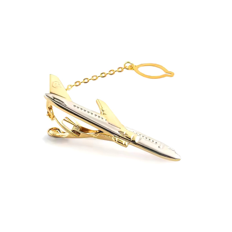 Brass Material Novelty Golden Color Airplane Tie Clip with Chain for Men02.jpg