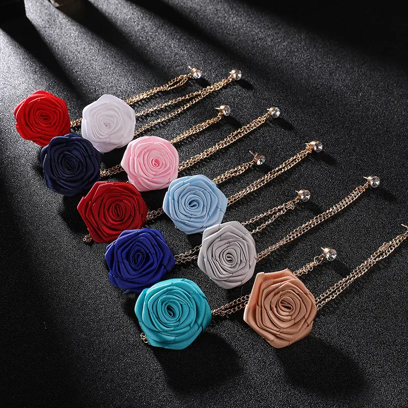 Personality Men's Suit Accessory Fabric Rose Flower Brooch with Tassel Chain BC-1035