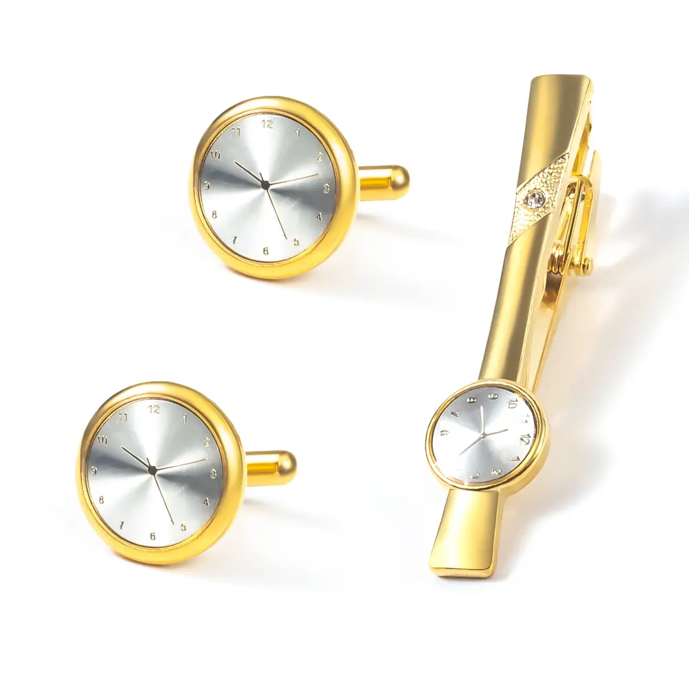 Factory Unique Time Watch Design Men's Business Formal Stylish Gold Plated Cufflinks And Tie Clip Set SA1016